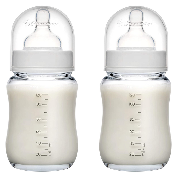 2x Glass Baby Bottle. Medium Flow with Anti-Colic Valve. 6 Months+ (120 ml/4oz)
