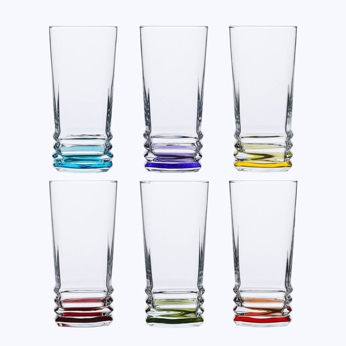 Coloured Base Highball Drinking Glass Set. Cocktail Glasses. (Pack of 6) (335 ml)