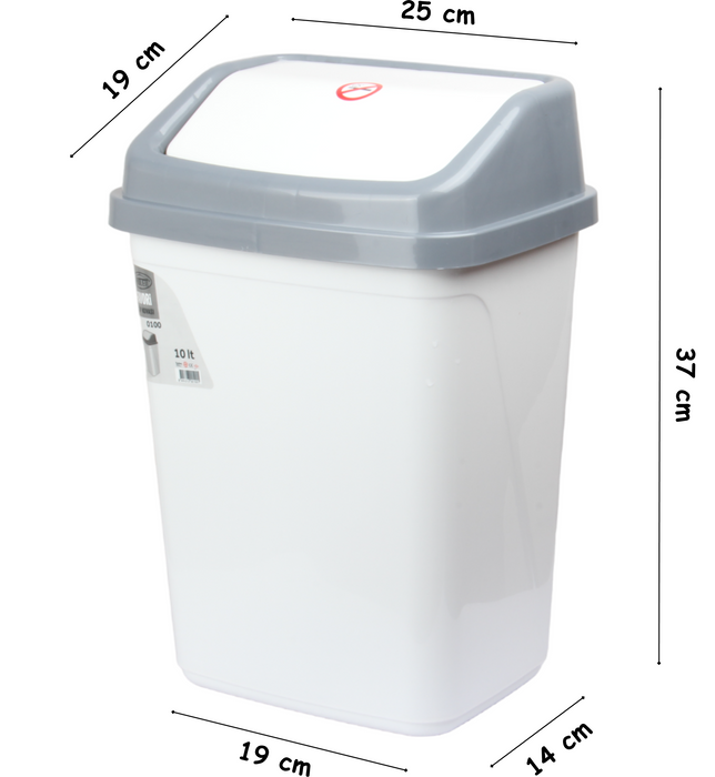 10 Liter Swing Bin Lidded Dustbin. Plastic Rubbish Waste Bin. (White)