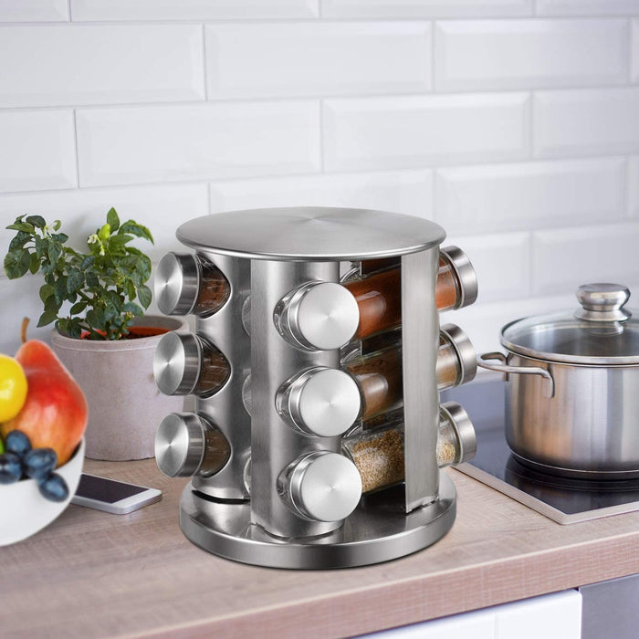 Rotating Spice Rack. 12 Glass Spice Jar. Stainless Steel. Revolving Free Stand.