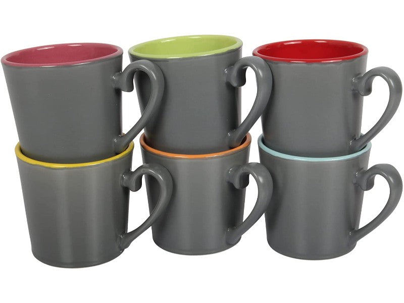 Stoneware Tea Coffee Cups. Multicoloured Tea Coffee Mugs. (Pack of 6) (300 cc/ml)