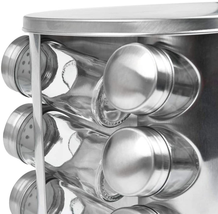 Rotating Spice Rack. 12 Glass Spice Jar. Stainless Steel. Revolving Free Stand.