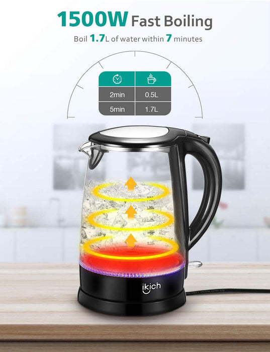Glass Electric Kettle. Black Cordless Stainless Steel Filter Kettle.(1.7L) 1500W