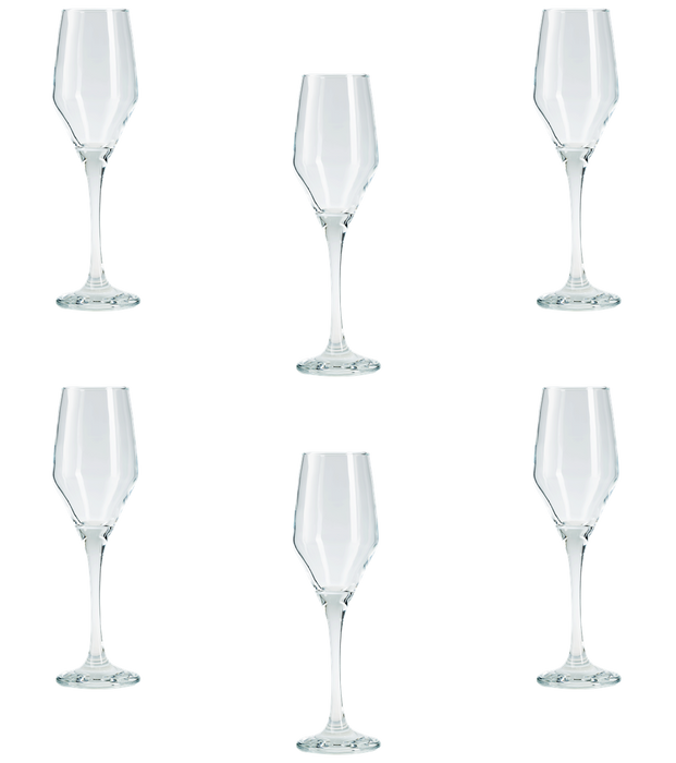 Wide Tulip Champagne Flutes. Long Stem Prosecco Glasses. (Pack of 6) (230 cc/ml)