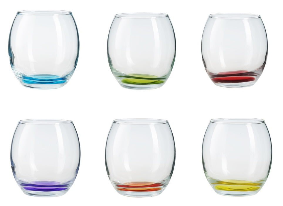 6x Coloured Base Tumbler Glasses. Whisky Juice Tumbler Drinking Glasses. (405 ml)