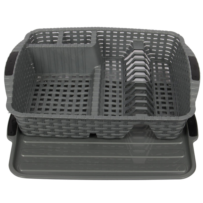 Flat Dish Drainer with Drip Tray. Rattan Style Plastic Plate Cutlery Holder Rack