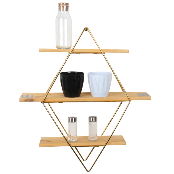 Decorative Mounted Wall Shelf. 3 Tier Prism Unit Rack. (Gold Metal & Solid Wood)