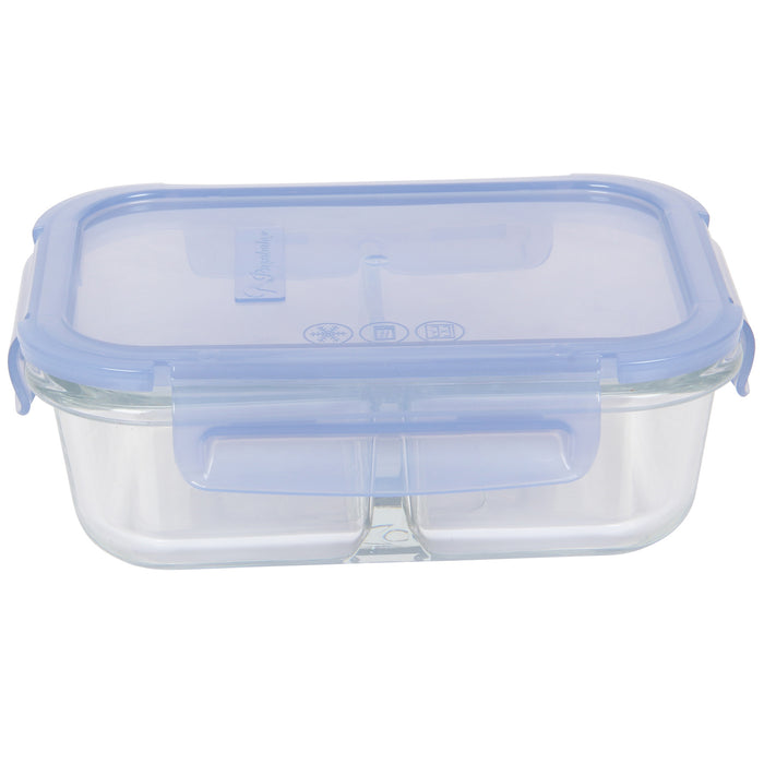 2 Compartment Glass Food Storage Containers with Lid. Blue. (Set of 4) (630 ml)