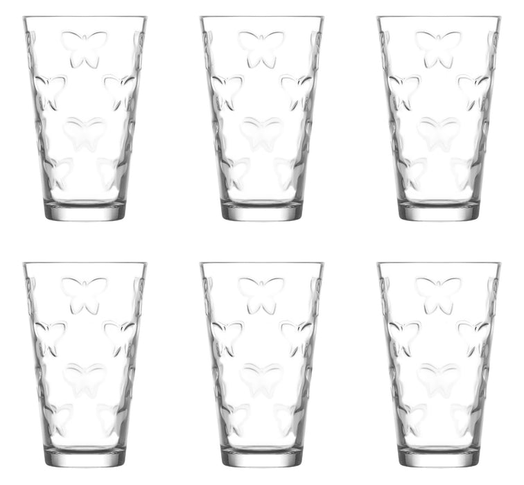 Highball Everyday Drinking Glasses. Butterfly Embossed Glass. (Set of 6) (325ml)