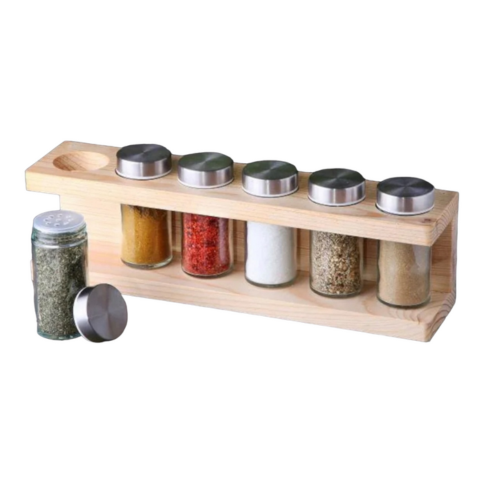 Glass Spice Jar with Wooden Bamboo Holder. Chrome Lid Spice Jars. (6 pcs)