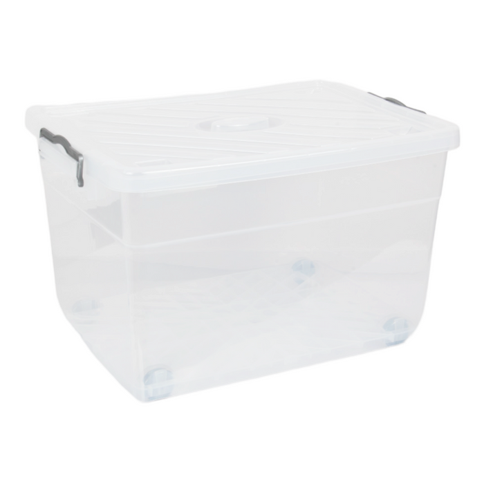 Large 55L Plastic Storage Box. Clear Storage Box with Wheels and Lid. Nestable Box.