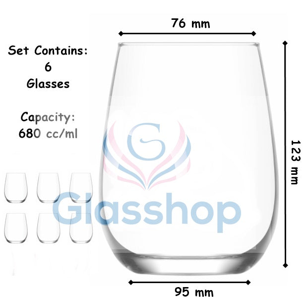 6x Stemless Gin Tonic Glasses. Large Balloon Cocktail, Wine Glass Set. (680 ml)