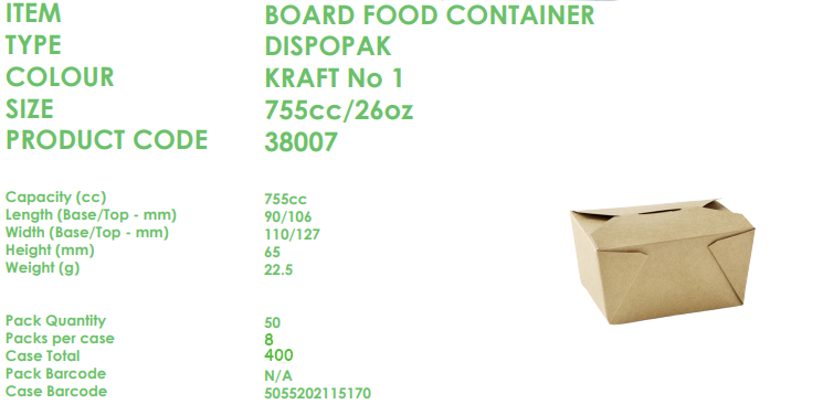 Kraft Food Container. (26oz) (8 x 50 Pack) Hot, Cold, Wet, Dry Food Containers.