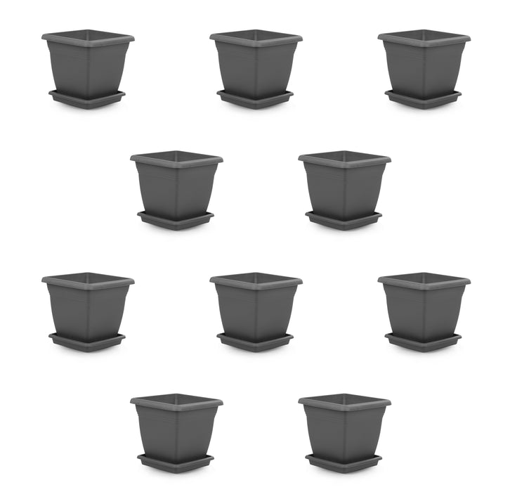 Plastic Square Flower Plant Pot & Saucer. Grooved Base In and Outdoor. (6 Sizes)
