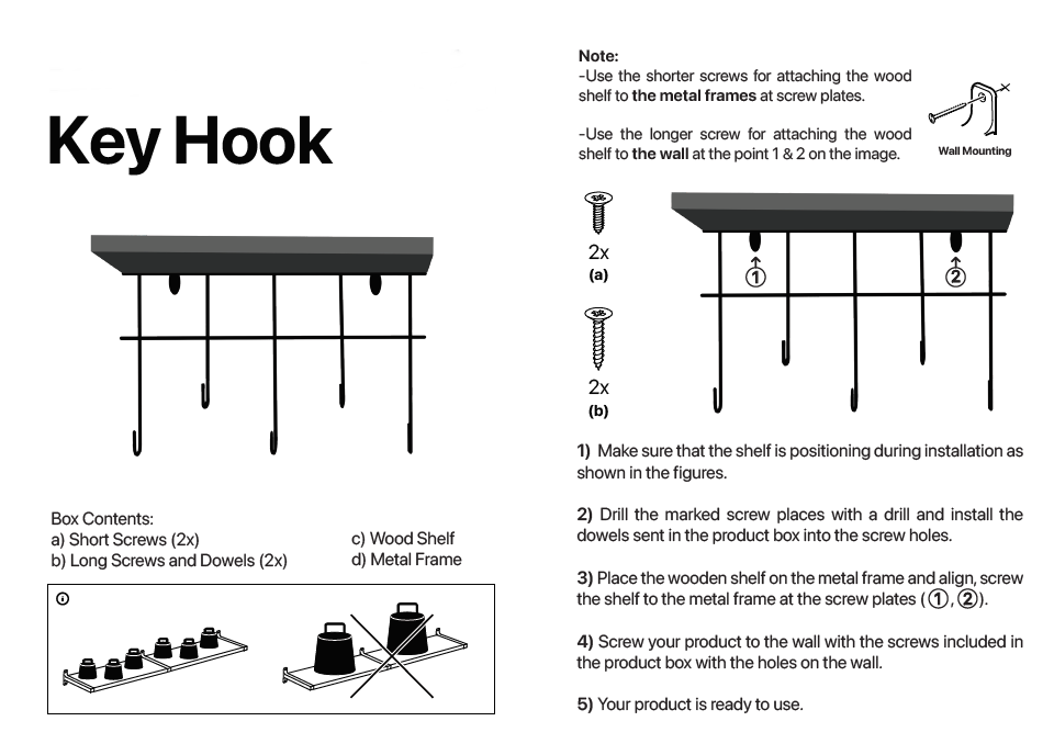 2x Key Hook. Wall Mounted Key Hanger Hook. 5 Hooks.