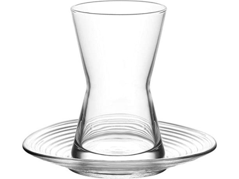 Turkish Tea Glasses & Saucers. Contemporary Glass Teacup and Saucer Set. 12 Pieces (6 Glasses & 6 Saucers)