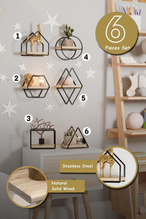 6 Pcs Different Style Miniature Decorative Wall Shelf Set. (Black & Solid Wood).