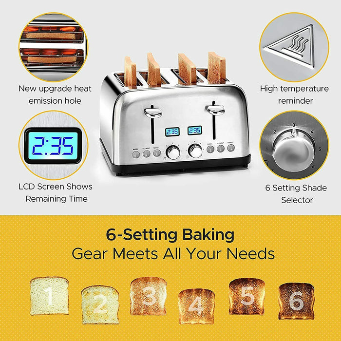 Toaster 4 Slice. Stainless Steel Toasters with LCD Digital Timer, Wide Slot.