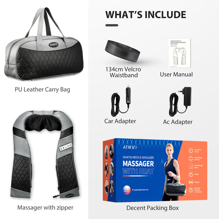 Back Shoulder & Neck Massager with Heat. Deep Tissue Kneading Pillow Massage. Carry Bag.