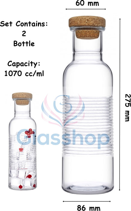 Glass Bottles. Cork Stopper Lid. Water Juice Wine Carafe. (Set of 2) (1070 ml)