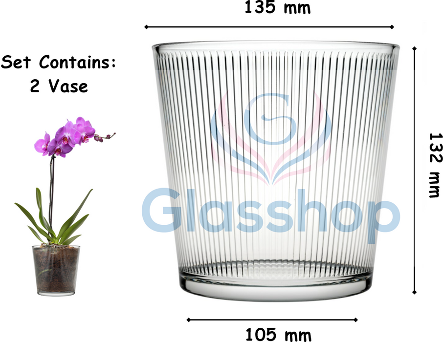 2x Glass Orchid Flower Pot. Stripe Straight Line Design Round Vase. Decorative Pot.