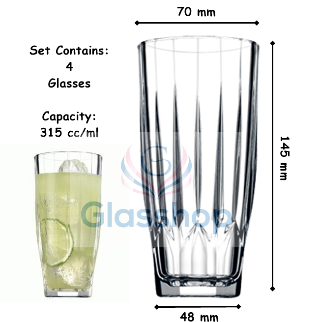 Highball Glass Set. Cocktail / Juice / Water Glasses. (Pack of 4) (315 cc/ml)