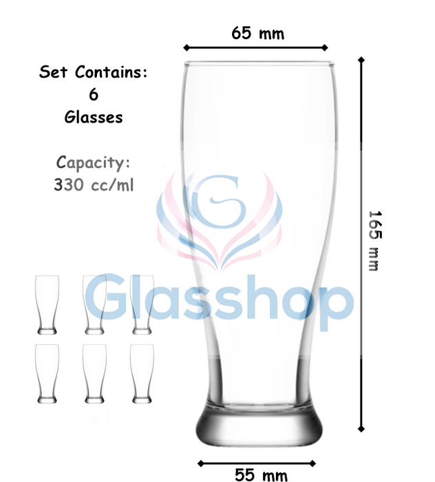 Half Pint Beer Pilsner Glasses. Plain Modern Style. (Pack of 6) (330 cc/ml)