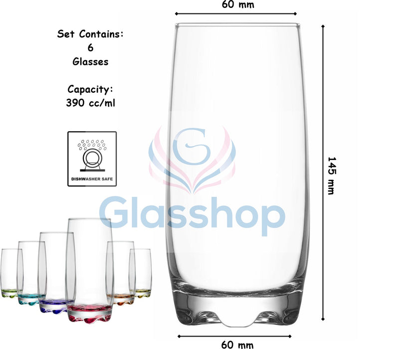 Highball Cocktail Glasses. Coloured Base Highball Glass Set. (Pack of 6) (390 cc/ml)