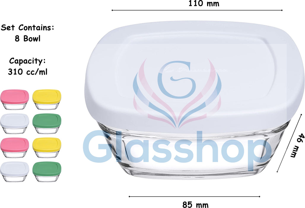 8 pcs Food Storage Container Set with Coloured Lid. Glass Small Bowl. (310 cc/ml)