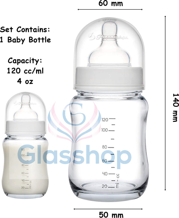 Glass Baby Bottle. Breast-Like Teat with Anti-Colic Valve. 0 Months+ (120 ml/4oz)