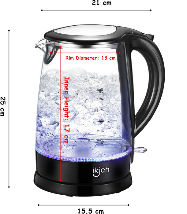 Glass Electric Kettle. Black Cordless Stainless Steel Filter Kettle.(1.7L) 1500W