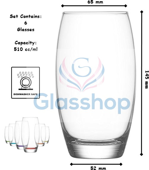 HiBall Coloured Base Glasses. Water Juice Drinking Tumbler. (510 ml) (Pack of 6)