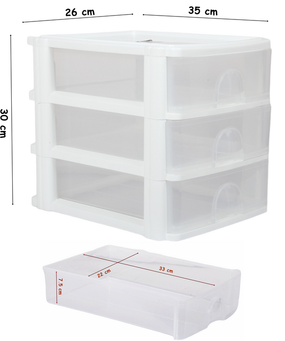 A4 Size Storage Drawers. 3 Tier Desktop Organiser. (White)