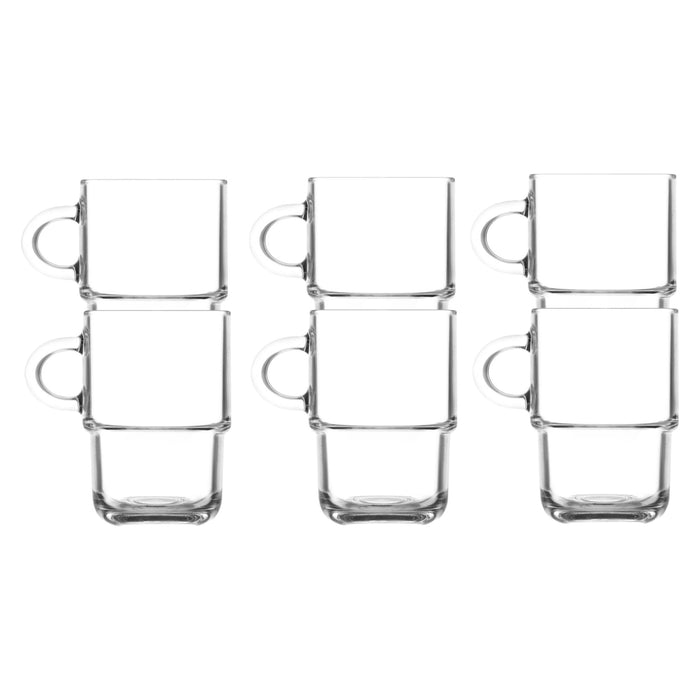 Glasshop 6-Pack Glass Mugs. 350ml. Clear Stackable Cups with Handles.