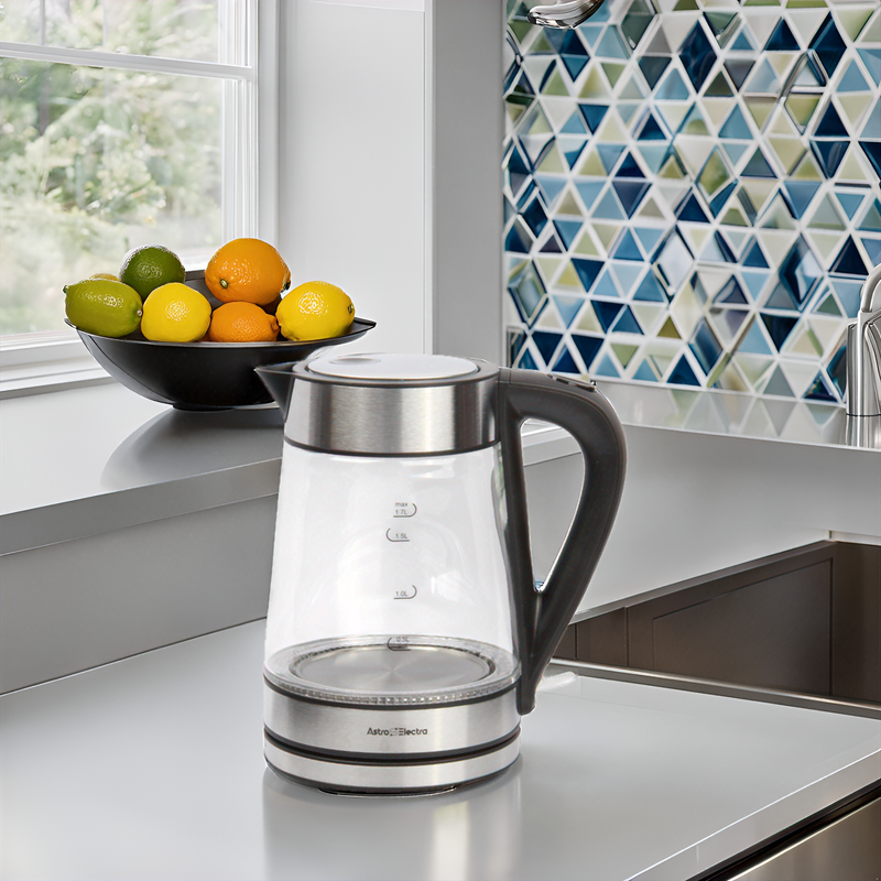 Astro Electra 1.7L Electric Glass Kettle – 2200W Fast Boil, Strix Controller, Cool-Touch Handle, Blue LED, BPA-Free Pour Spout, and 360° Rotating Base