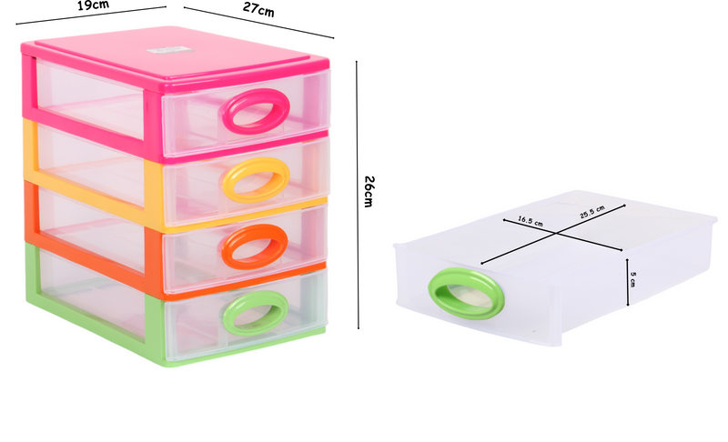 4 Tier Drawer Storage Unit. Transparent Desktop Drawer.