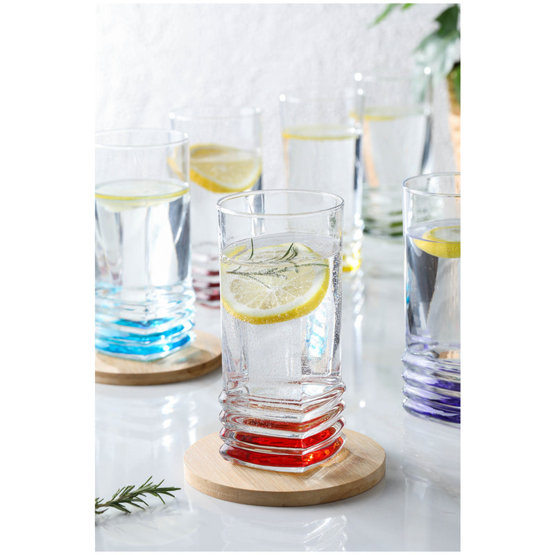 Coloured Base Highball Drinking Glass Set. Cocktail Glasses. (Pack of 6) (335 ml)