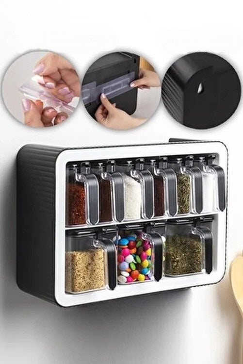 9pcs Spice Jar. Seasoning Box. Wall Mounted or Adhesive Herb Spices Storage.