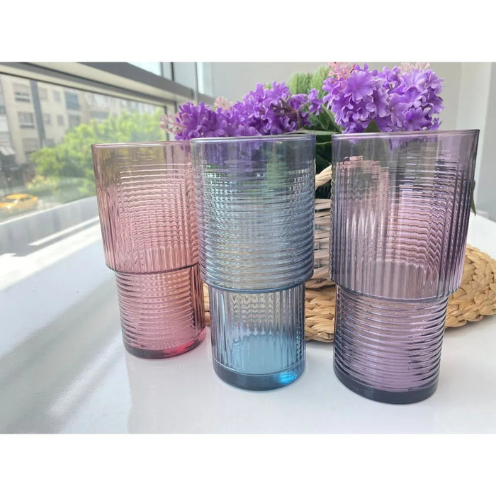 Glasshop 6-Pack Coloured Highball Glasses. 400ml Striped Glass Set for Cocktails.