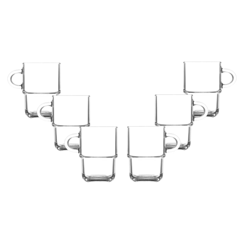 Glasshop 6-Pack Glass Mugs. 350ml. Clear Stackable Cups with Handles.