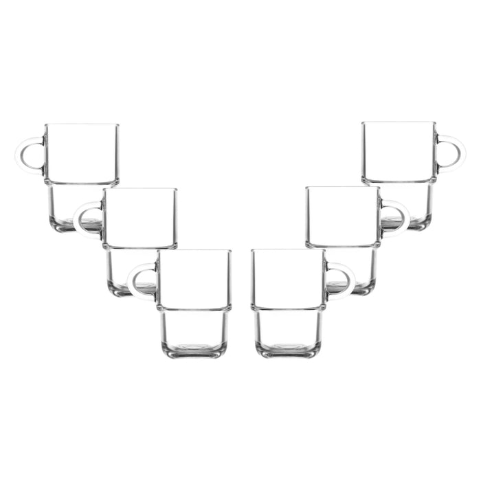 Glasshop 6-Pack Glass Mugs. 350ml. Clear Stackable Cups with Handles.