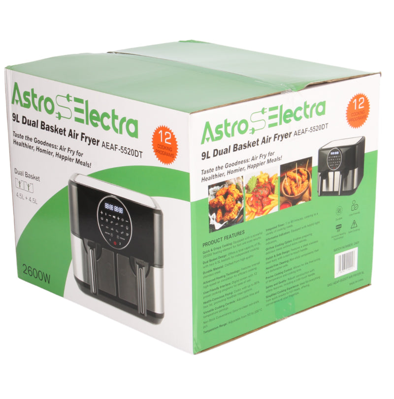 Astro Electra Dual Zone 9L Air Fryer. 2x4.5L Drawers. Touch Screen. Smart Finish. 12-in-1. 2600W.