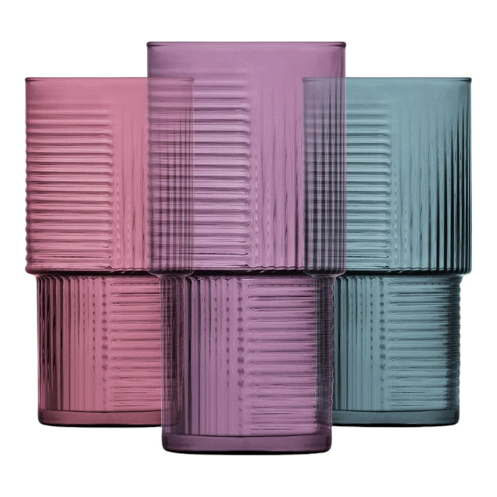 Glasshop 6-Pack Coloured Highball Glasses. 400ml Striped Glass Set for Cocktails.