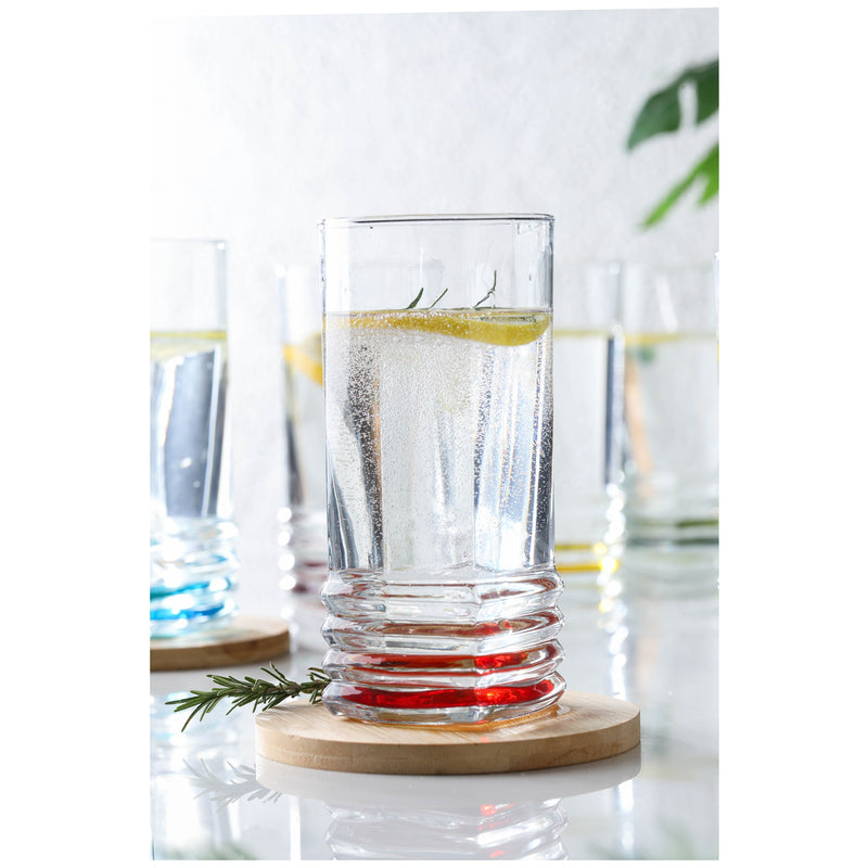 Coloured Base Highball Drinking Glass Set. Cocktail Glasses. (Pack of 6) (335 ml)