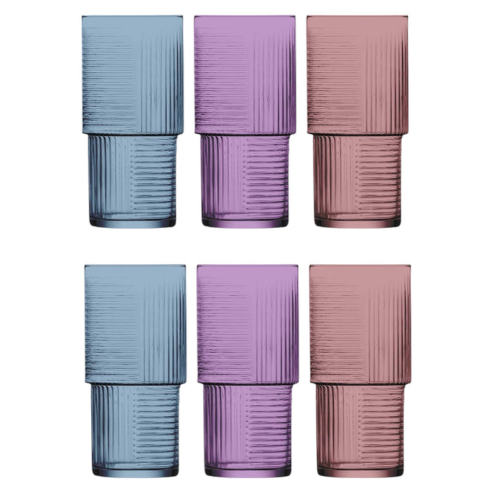 Glasshop 6-Pack Coloured Highball Glasses. 400ml Striped Glass Set for Cocktails.