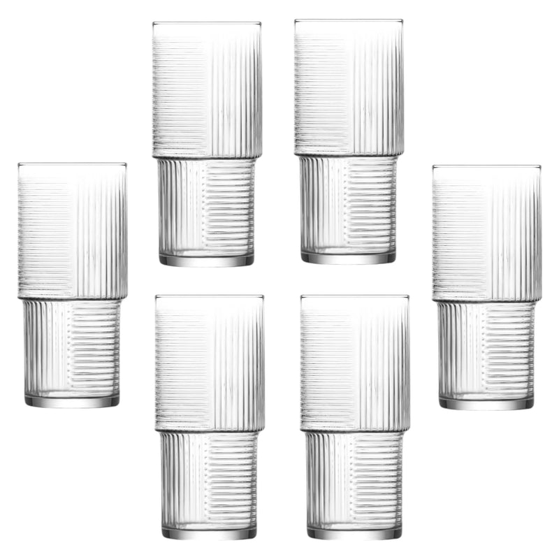 Glasshop Highball Cocktail Glasses. 6-Pack, 400ml Stackable Striped Glass Set.