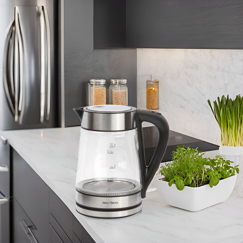 Astro Electra 1.7L Electric Glass Kettle – 2200W Fast Boil, Strix Controller, Cool-Touch Handle, Blue LED, BPA-Free Pour Spout, and 360° Rotating Base