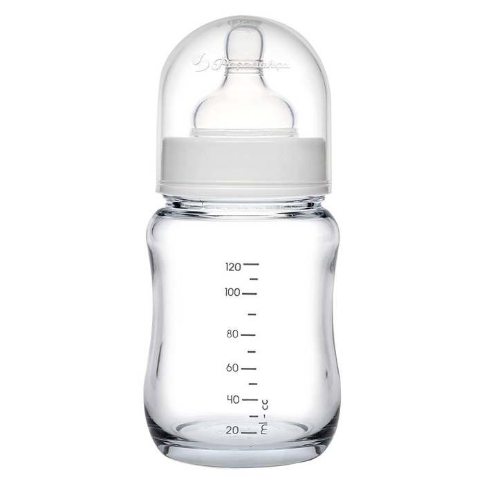 Glass Baby Bottle. Medium Flow with Anti-Colic Valve. 6 Months+ (120 ml/4oz)
