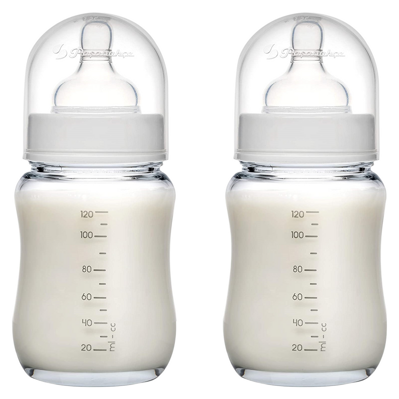 2x Glass Baby Bottle. Breast-Like Teat with Anti-Colic Valve. 0 Months+ (120 ml/4oz)