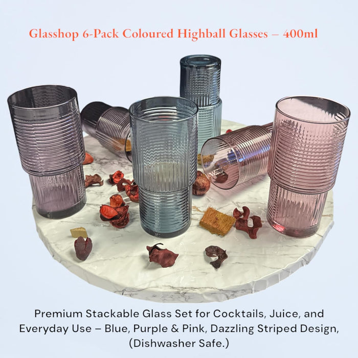 Glasshop 6-Pack Coloured Highball Glasses. 400ml Striped Glass Set for Cocktails.